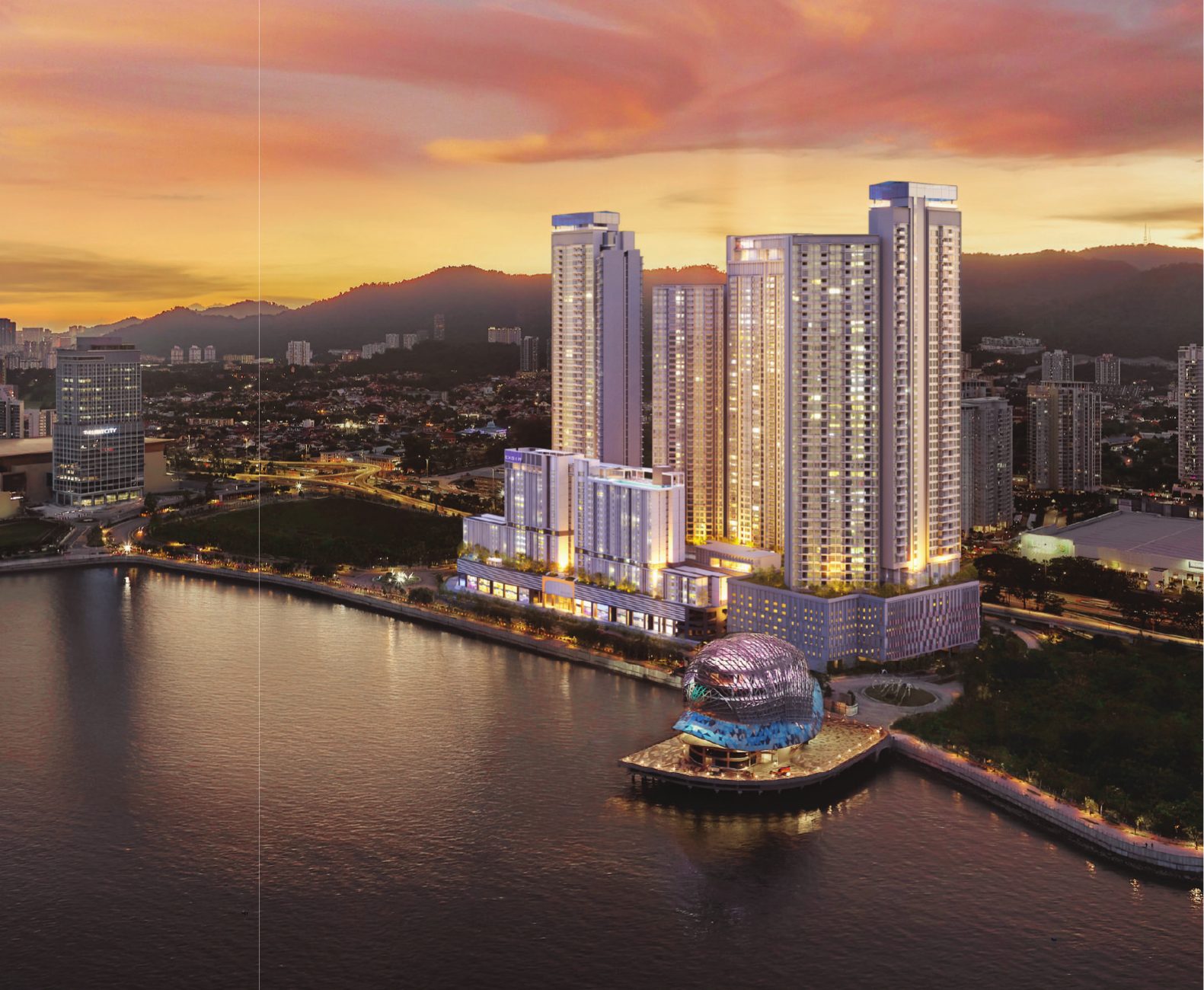 Illustrative waterfront residence at sunset